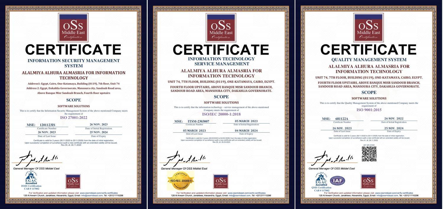 الشهادات الثلاث ISO 270012022 وISOIEC 20000-12018 وISO 90012015